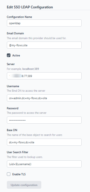 Screenshot showing the advance form to create ldap sso configuration "Screenshot showing the advance form to create ldap sso configuration"
